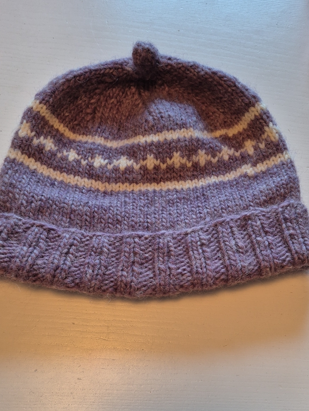 Adult Knit Beanie Hat - Purple and Cream